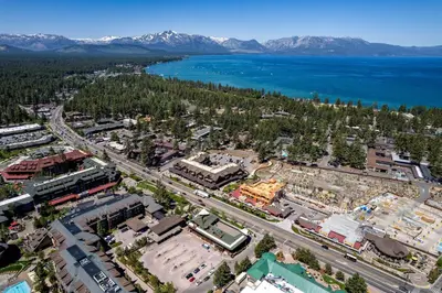 an aerial view of a city and a lake at Downtown Penthouse in South Lake Tahoe