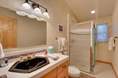 a bathroom with a sink and a shower and a toilet at Sequoia Chalet in Stateline