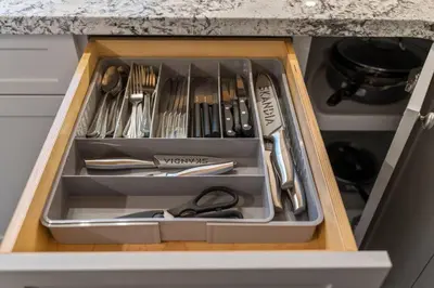 a drawer filled with utensils in a kitchen at Tahoe Bliss: Ski, Hike, & Relax in Incline Village