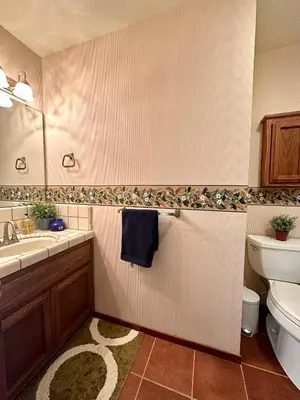 a bathroom with a toilet and a sink at Luxury Yosemite Lake House in Groveland