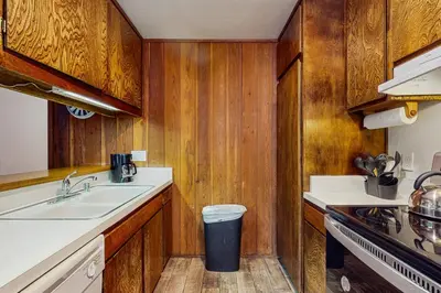 a kitchen with wooden walls and a sink and a stove at Horizons 4 160 in Mammoth Lakes