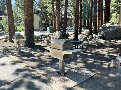 a park with a grill and picnic tables and trees at Horizons 4 160 in Mammoth Lakes