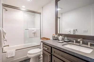 a bathroom with a toilet and a sink and a shower at Creekhouse 1364 in Mammoth Lakes