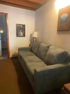 a living room with a couch and a lamp at Seven Circles Lodge&Retreat in Badger