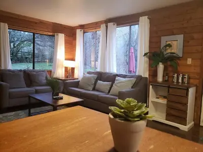 a living room with a couch and a table at River Retreat Cabin in Three Rivers - near SNP in Three Rivers