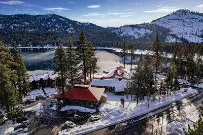 an aerial view of a ski lodge in the snow at Cozy Deluxe Studio #131 at Donner Lake Village in Truckee