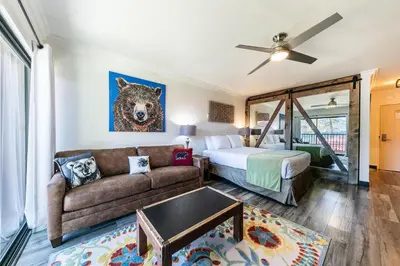 a living room with a couch and a bed at Striking King Studio w/Partial Lake View #242 at Donner Lake Village in Truckee