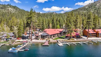 an aerial view of a resort on a lake at Charming Queen Studio Deluxe w/Balcony #233 at Donner Lake Village in Truckee