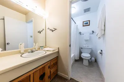 a bathroom with a sink and a toilet at Cozy Studio w/Partial Lake view #224 at Donner Lake Village in Truckee