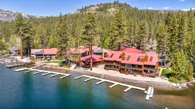 an aerial view of a resort with a dock at Homey 1st Floor Studio #135 at Donner Lake Village in Truckee