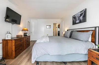 a bedroom with a large bed and a flat screen tv at Inviting King Deluxe 1 BR Condo W/Lake view #141 at Donner Lake Village in Truckee