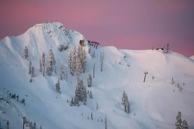 a snow covered mountain with trees on top of it at Palisades Tahoe Lodge Rentals Studio #215 in Olympic Valley