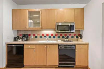 a kitchen with a sink and a microwave at Palisades Tahoe Lodge Rentals Studio #254 in Olympic Valley