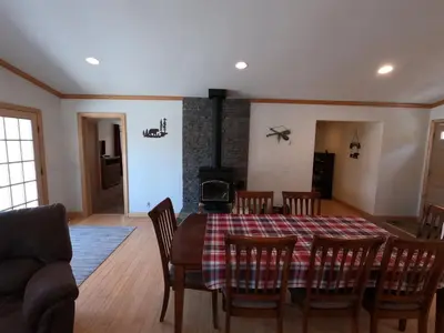 a kitchen and dining room with a table and chairs at Rr-johnson Suite in June Lake