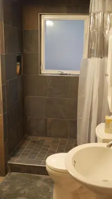 a bathroom with a shower and a toilet and a sink at Big Cabin on the Creek in Camp Connell