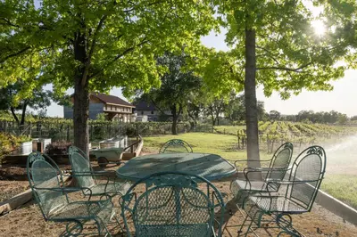 a table and chairs with a table and trees at Balcony Suite 2 Fraser Family Vineyard Stay in Amador in Plymouth