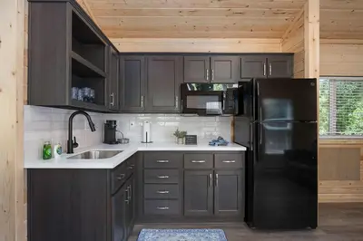 a kitchen with black cabinets and a black refrigerator at Brand New Cabin in Kernville