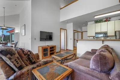a living room with two couches and a tv at Sierra Cabin Condo – Sun Meadows 1 BedroomLoft condo in Kirkwood