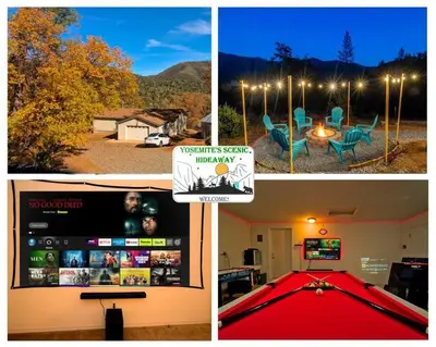 a collage of pictures of a room with a pool table at Yosemite's Scenic Hideaway in Midpines