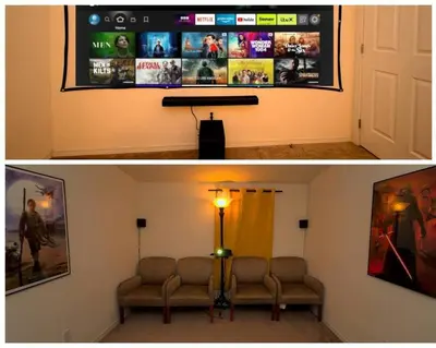 two pictures of a room with two chairs and a tv at Yosemite's Scenic Hideaway in Midpines