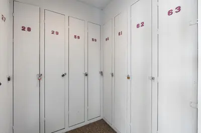a row of white lockers with red numbers on them at Private/Cozy Kings Beach Retreat in Tahoe Vista