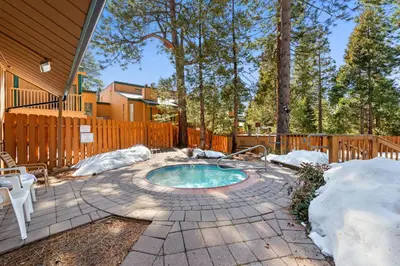 a backyard with a small swimming pool in the snow at Private/Cozy Kings Beach Retreat in Tahoe Vista
