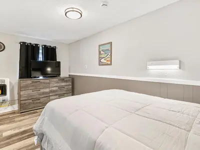 a bedroom with a bed and a flat screen tv at Charming Retro Property 8 in Sparks