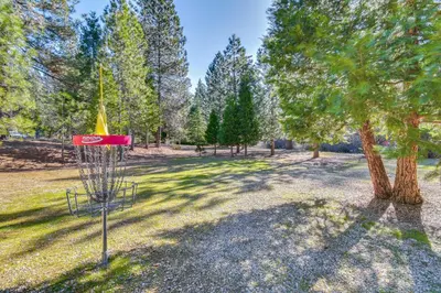 a frisbee golf basket in a park with trees at Lake Access and Hot Tub Pet-Friendly Arnold Home in Arnold