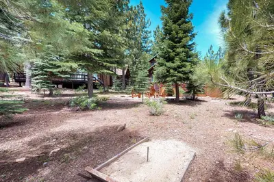a yard with a picnic table and trees at Mountain Majesty in Truckee