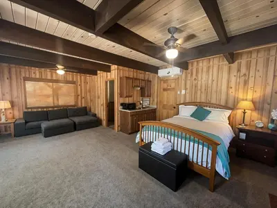 a bedroom with a bed and a couch in a room at The Cozy Cabin - 2-Level Home with Spacious Yard home in Groveland