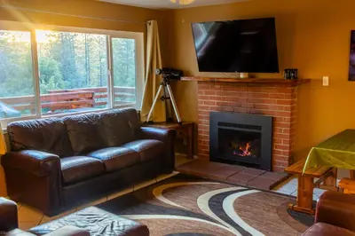 a living room with a couch and a fireplace at Mountain View, near Yosemite & Bass Lake, BBQ, Fireplace,EVC in Oakhurst