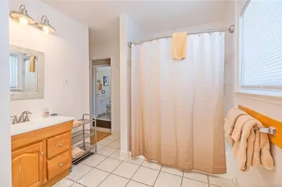 a bathroom with a shower and a sink at Mountain View, near Yosemite & Bass Lake, BBQ, Fireplace,EVC in Oakhurst