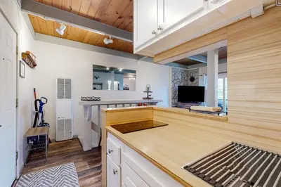 a kitchen with a wooden counter top in a room at Tahoe Heavenly Hideaway in Stateline