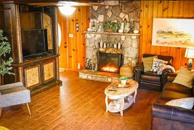 a living room with a couch and a fireplace at Knotty Pines Lodge in Bass Lake Annex