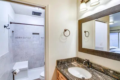 a bathroom with a sink and a shower at 1 Mi to Ski Resort South Lake Tahoe Townhome in South Lake Tahoe