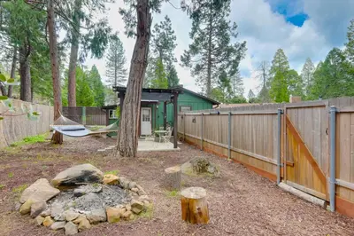 a backyard with a hammock and a fence at Cozy Cottage with Park Pass, 1 Mi to Jenkinson Lake! in Pollock Pines