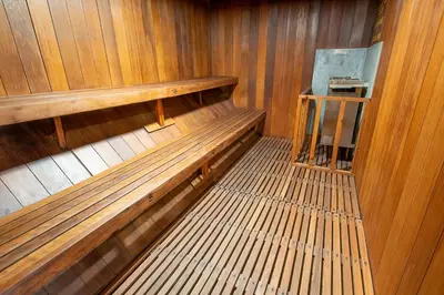 an overhead view of an empty sauna at Fully Renovated! St Anton #17 Ski in Ski Out 1 Bedroom 1 Bathroom Condo! Sleeps up to 4! in Mammoth Lakes