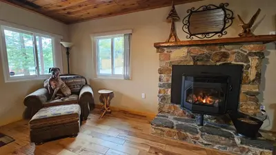a living room with a stone fireplace in a house at Knotty Pine Cabin with Artisan Stone Patio - Walk to Bass Lake in Bass Lake
