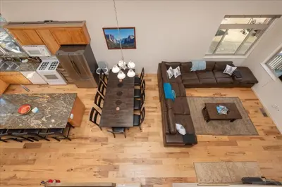 an overhead view of a living room with a couch and table at Base Camp- Inside Yose w pool table/grill in North Wawona