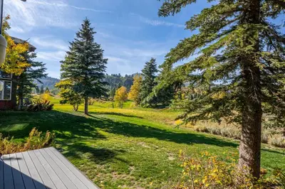 a garden with trees and a wooden walkway at Snowcreek V 731 in Mammoth Lakes