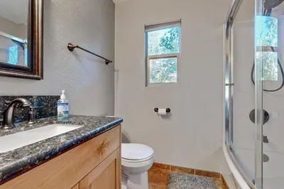 a bathroom with a shower and a toilet and a sink at Walk to Golf and Restaurants Serene Twain Harte Gem in Twain Harte