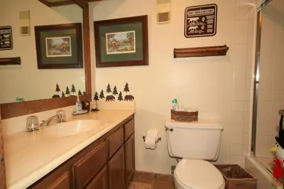 a bathroom with a sink and a toilet and a shower at Mountainback 68 2 bedroom with loft in Mammoth Lakes