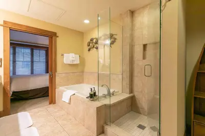 a bathroom with a shower and a bath tub at Iron Horse Lodge North 310 by East West Hospitality in Truckee