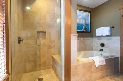 a bathroom with a shower and a bath tub at Iron Horse Lodge South 502 by East West Hospitality in Truckee