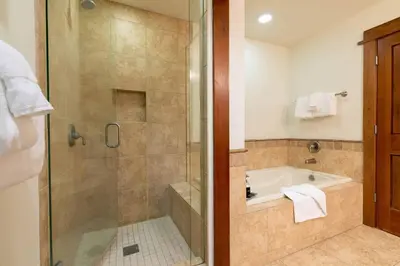 a bathroom with a shower and a bath tub at Iron Horse Lodge North 207 by East West Hospitality in Truckee