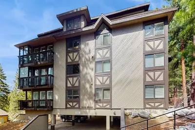 an exterior view of a building with balconies at Knotty & Nice in Incline Village