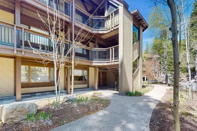 an exterior view of a building with a balcony at Knotty & Nice in Incline Village