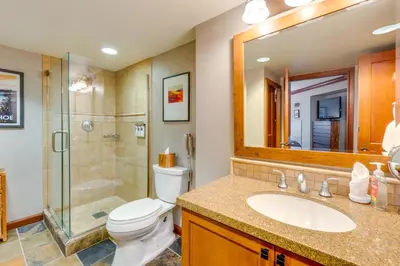 a bathroom with a toilet and a shower and a sink at Pool and Hot Tub Access! Condo in Olympic Valley in Olympic Valley