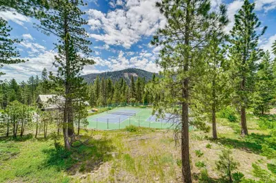 an overhead view of a tennis court in the woods at Close to Ski Slopes Tahoe Ski Chalet with Fireplace in Tahoe City