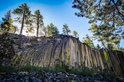 a wooden fence with trees on top of a hill at Mountainback 35 in Mammoth Lakes